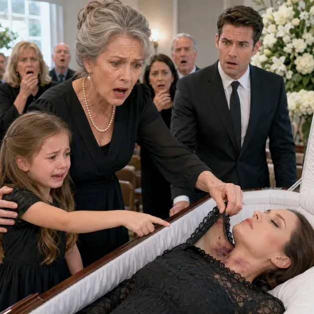 Durante el funeral de mi hija, mi nieta de 7 años me apretó la mano y susurró: “Mamá dice que no dejes que la quemen.” Mi yerno ya había preparado la cremación para ese mismo día. Entonces la niña señaló el ataúd: “Abuela, mira debajo de su vestido.” Cuando aparté el cuello de encaje, mi yerno intentó detenerme… pero ya era demasiado tarde.